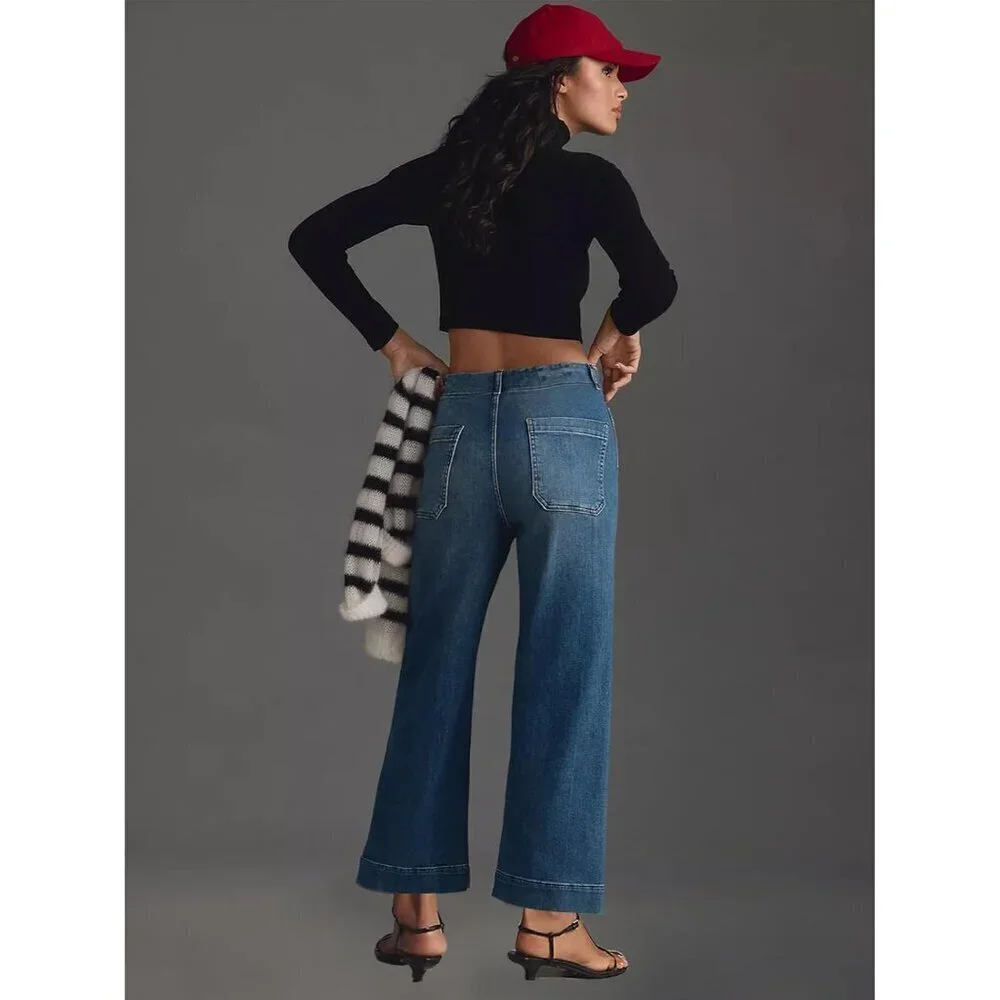 Women’s Wide Leg High Waisted Denim Jeans Stretchy Baggy Ankle Casual